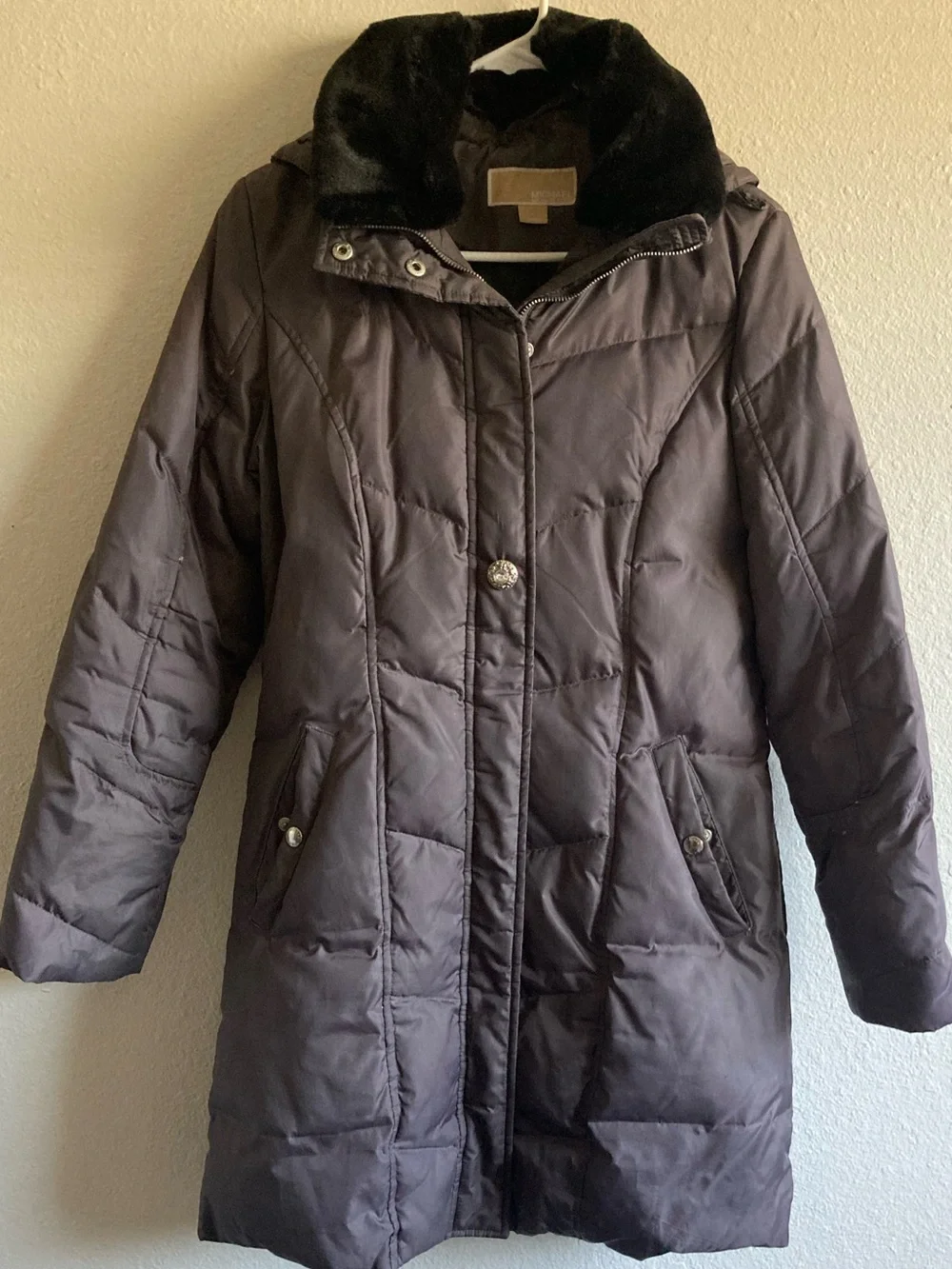 Michael Kors Dark Brown Long Puffer Coat with Faux Fur Collar